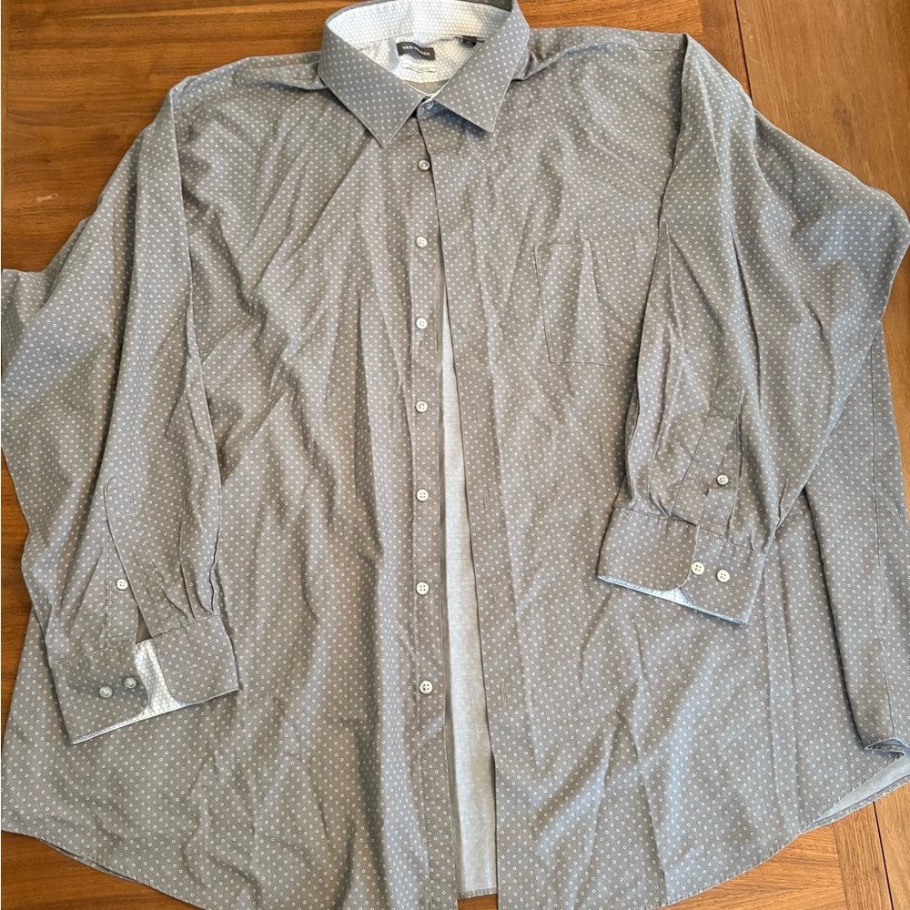 Van Heusen Men's Big Fit Long Sleeve Dress Shirt Grey With White Dots 20x34/35